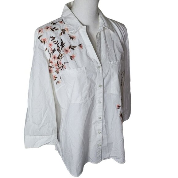 Gloria Vanderbilt Embroidered Button Down Shirt‎ White Pink Floral Womens Large - Picture 3 of 12